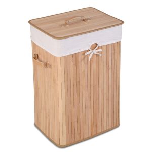 Rectangle Durable Lightweight Bamboo Hamper Laundry Basket Removable Liner Bag PU Leather Handle Thickened Lid